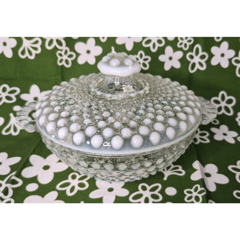 Fenton moonstone opalescent hobnail candy dish trinket jar w/lid 6" dia.